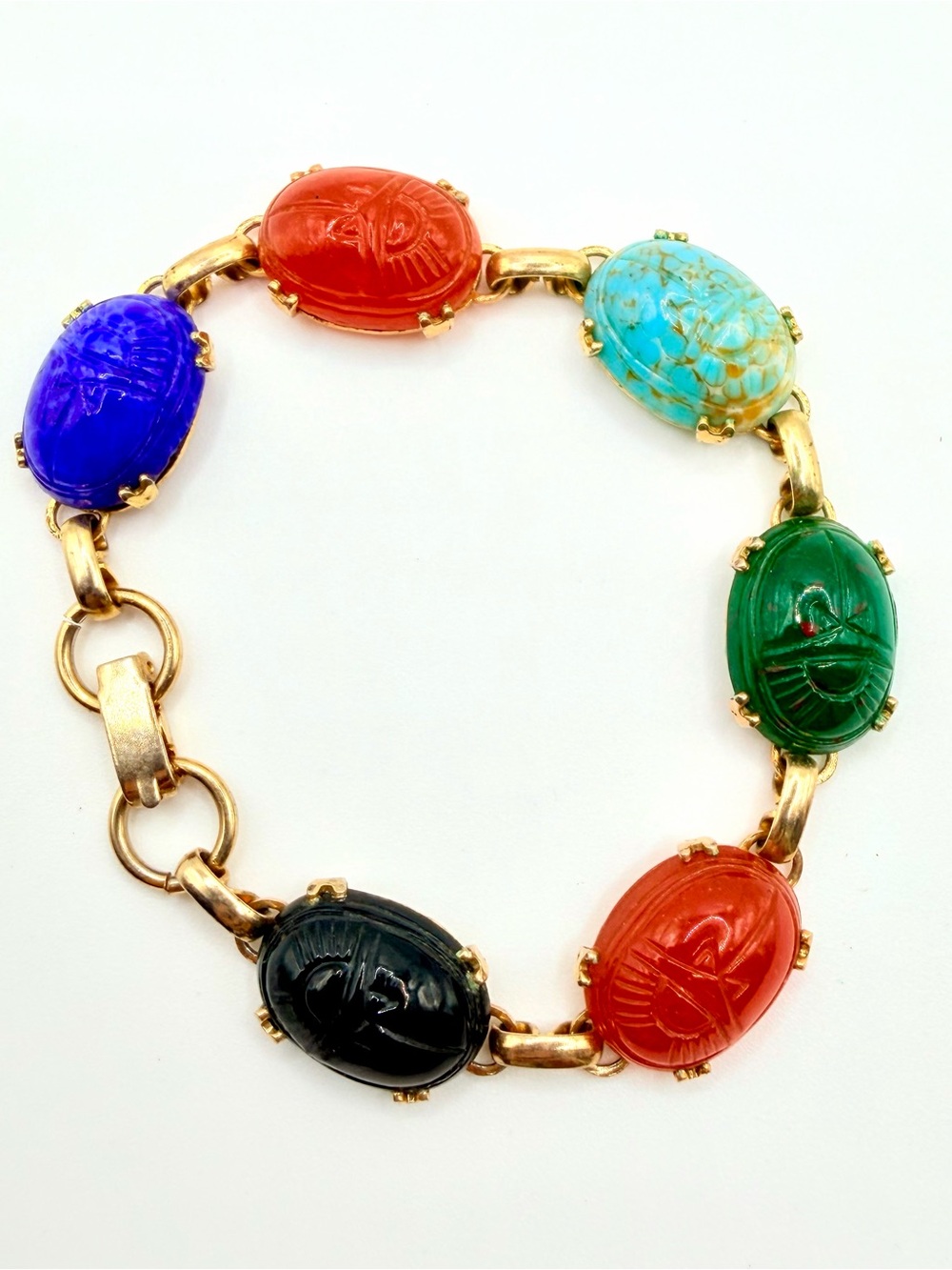 Vintage Gold Tone Molded Glass Scarab Bracelet